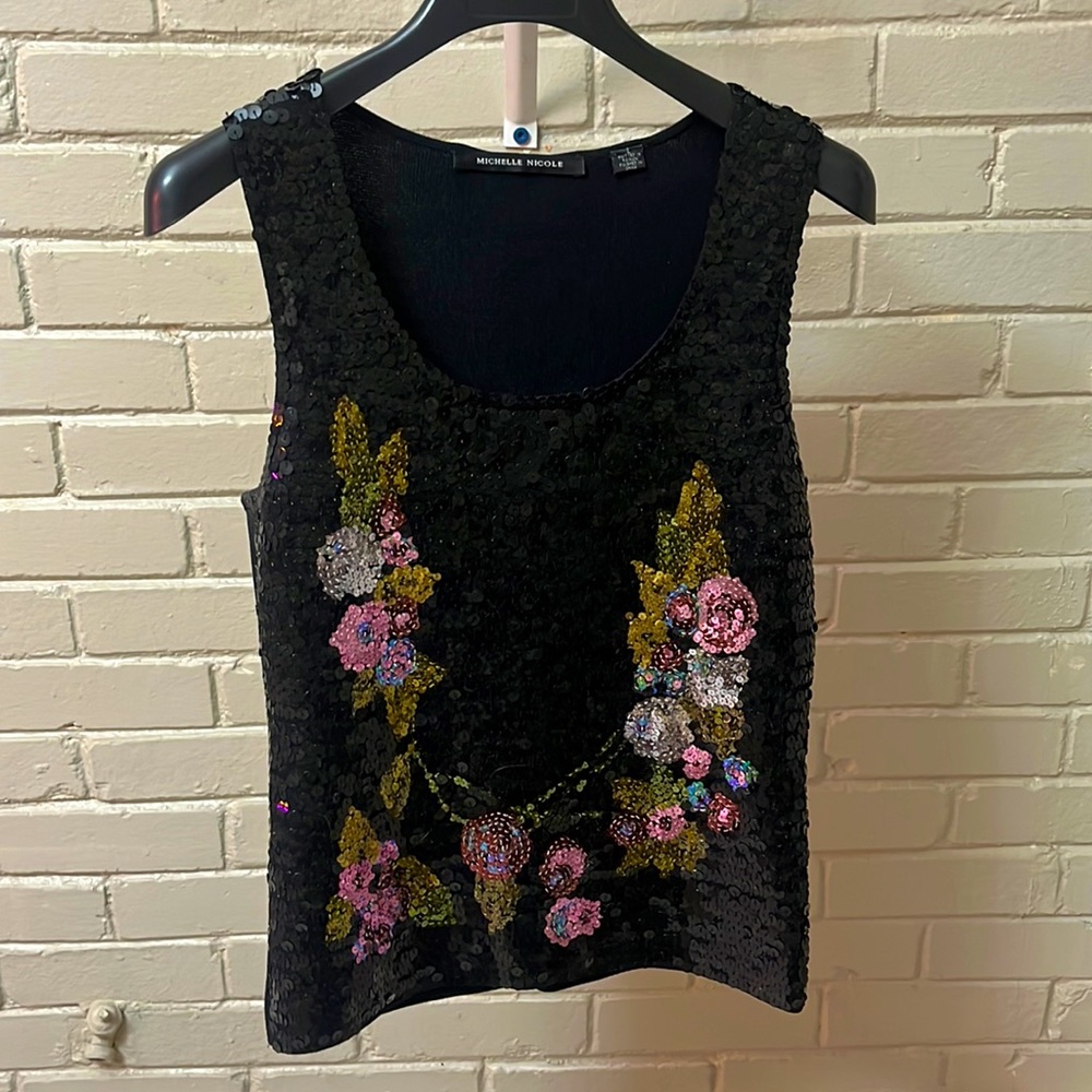 Black sequin top with pink flowers